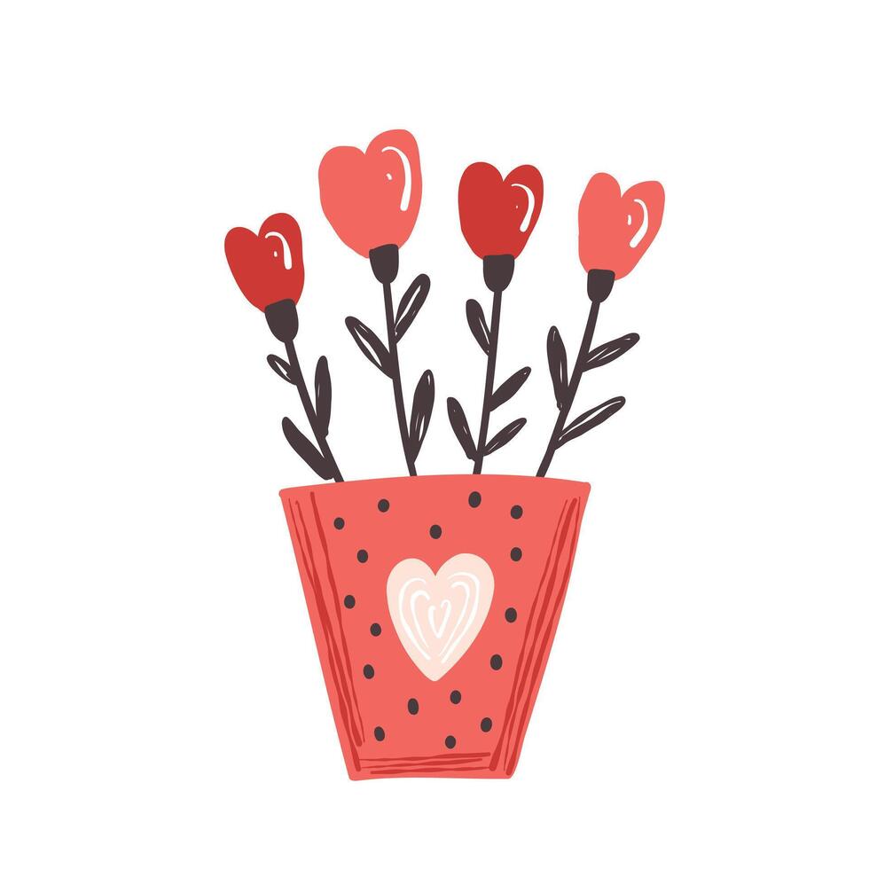 Bouquet of red hearts in a vase, flat illustration on white background vector
