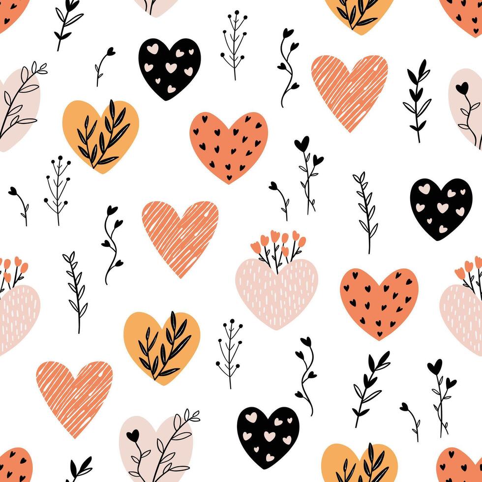 Seamless pattern with cute hearts and flowers, flat illustration on white background vector