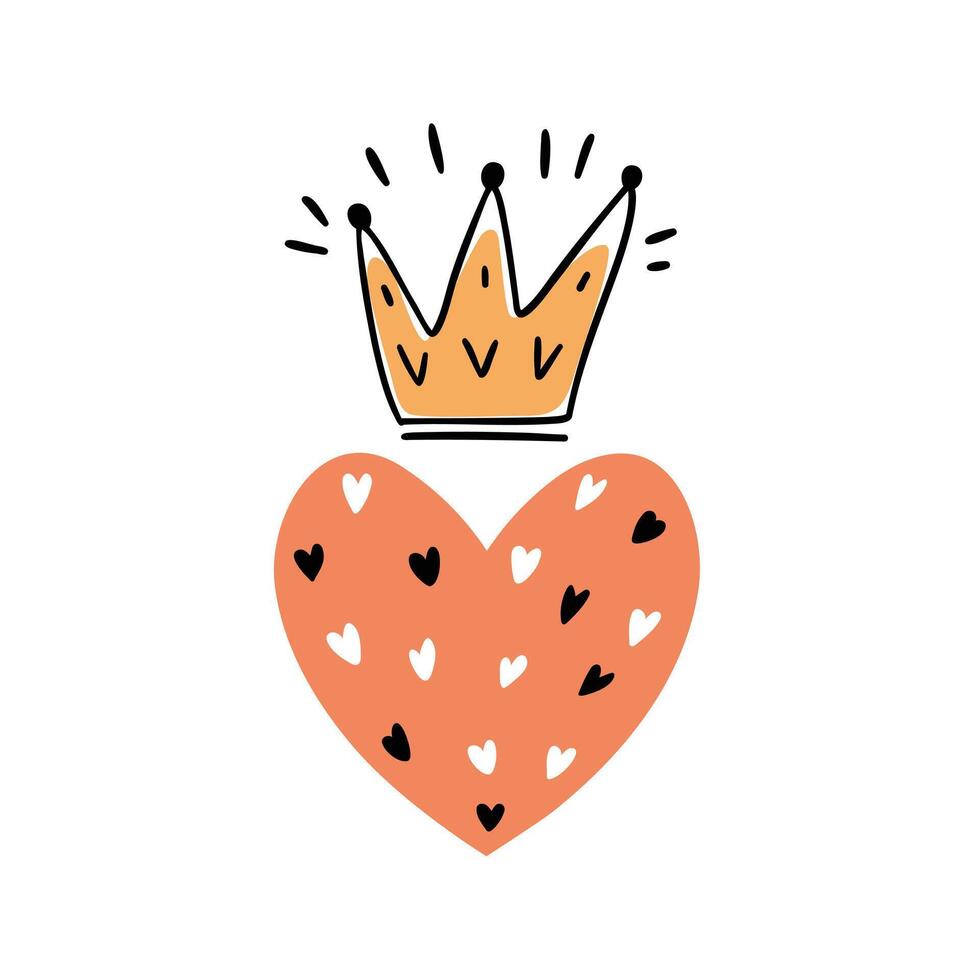 Crown over heart illustration, naive flat style illustration for valentine's day vector