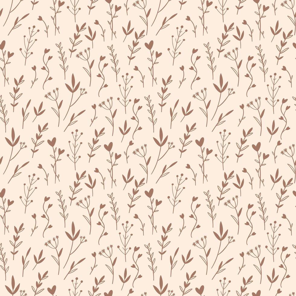 Seamless botanical pattern with delicate small flowers, leaves and twigs on beige background. Flat illustration vector