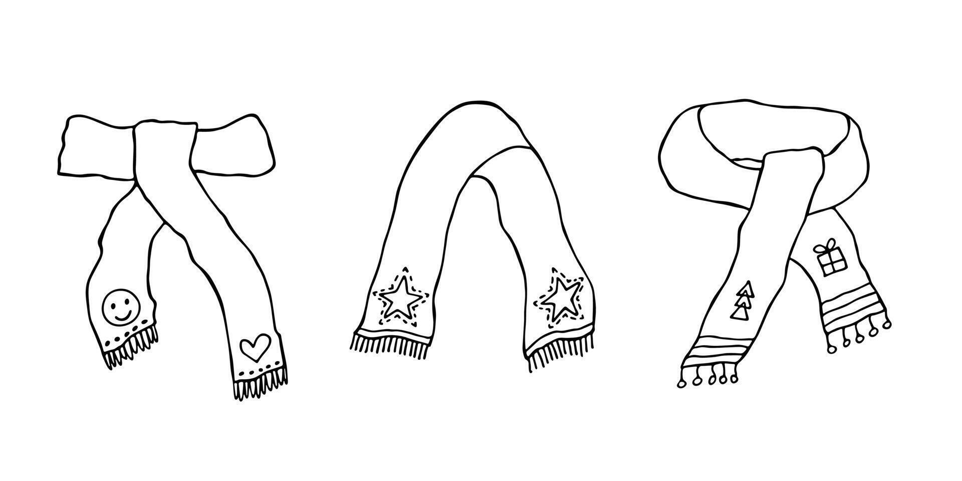 Knitted scarf doodle set Hand drawn winter accessories Single design element for card, print, design, decor vector