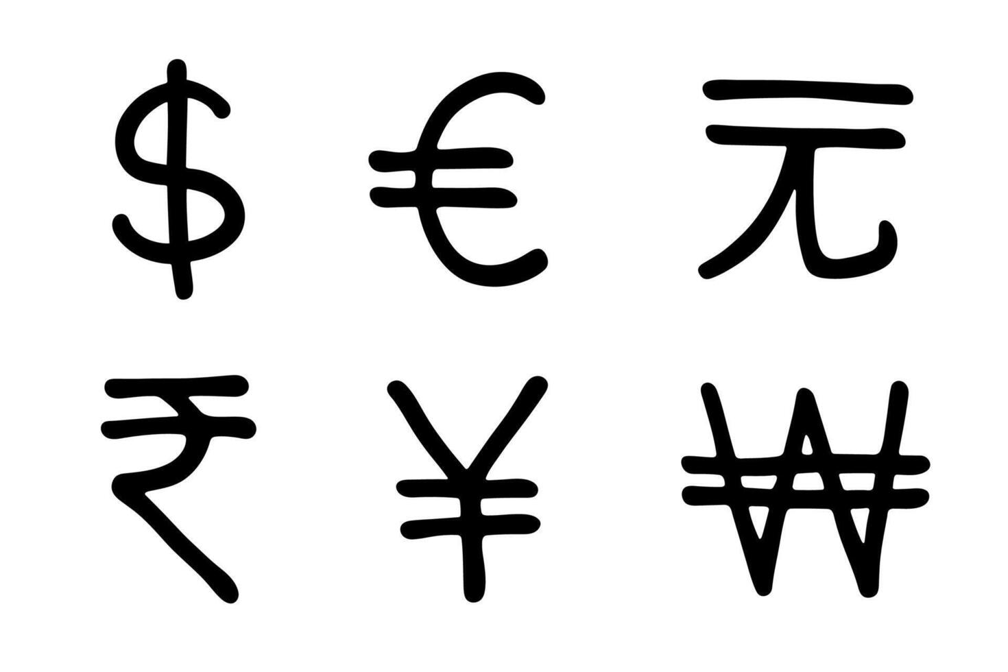Hand drawn multiple currencies symbol set Dollar euro yuan yen won rupee vector