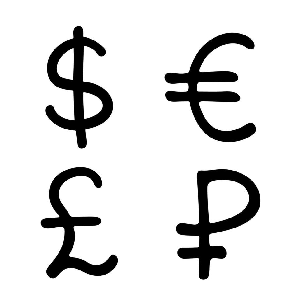 Hand drawn multiple currencies symbol set Dollar euro pound ruble vector