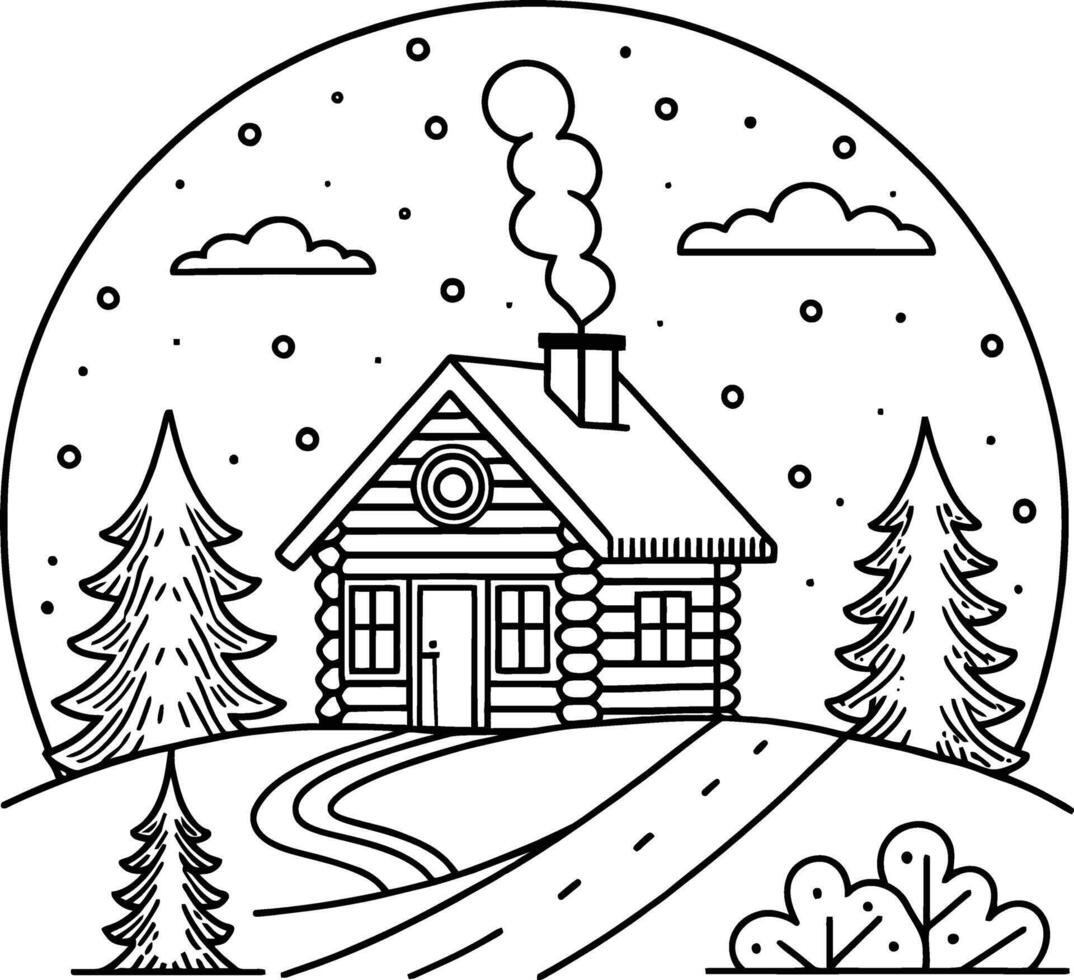 Winter scene with a house and trees coloring page vector