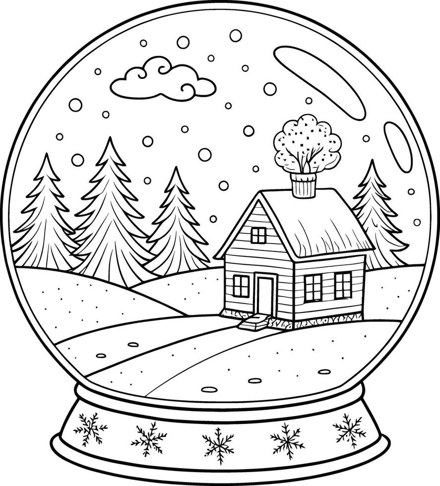 A snow globe with a house inside coloring page vector