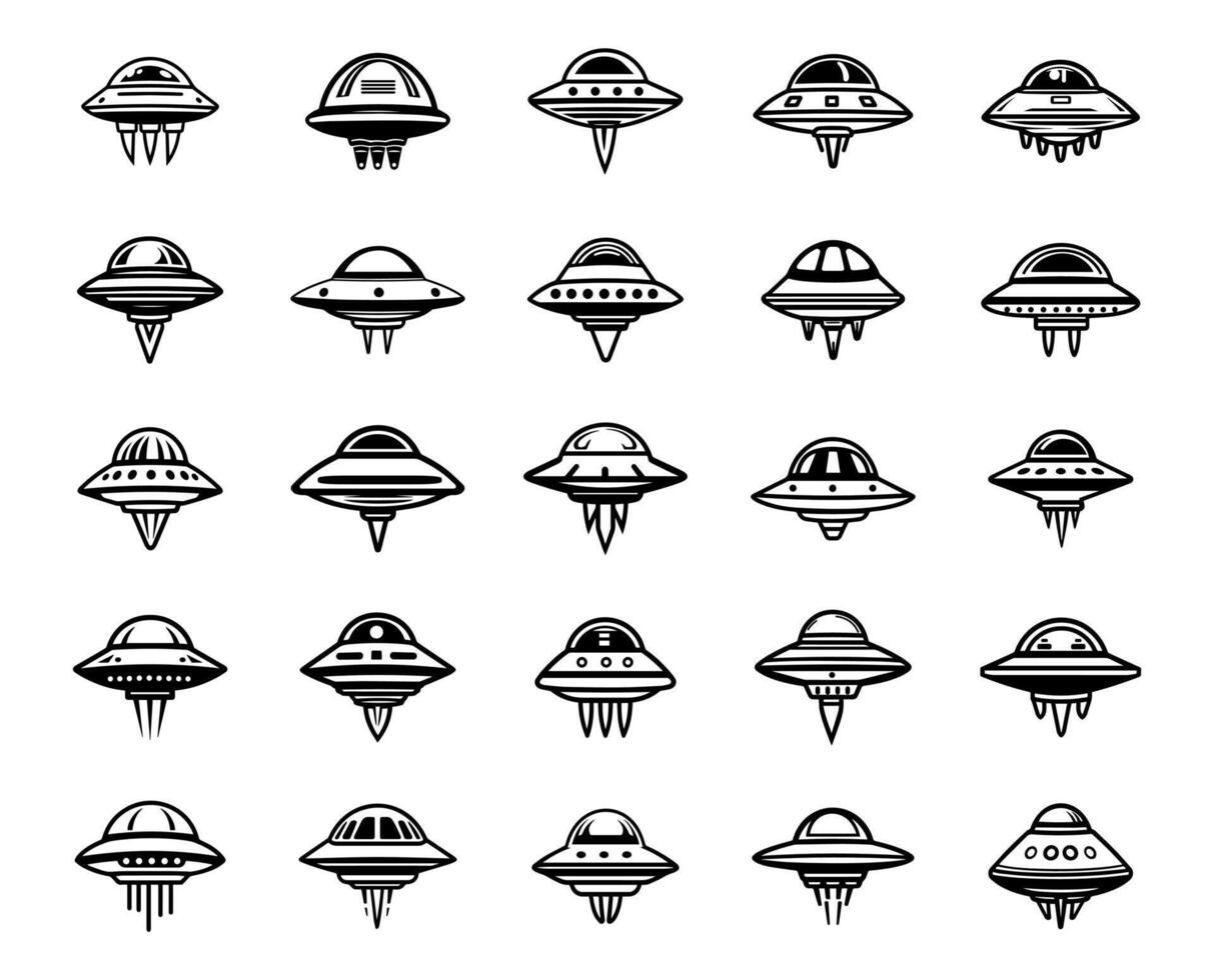 Ufo icon line set. Astronomy ship for cosmos and technology silhouette collection. Spacecraft sign and simple cosmic object unidentified illustration. vector
