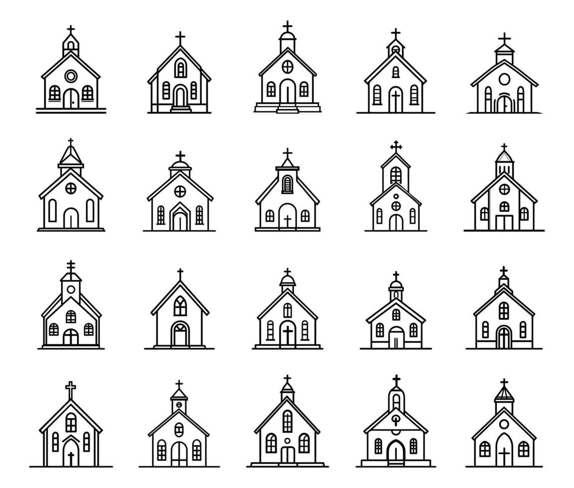Church icon line set. God house and wedding construction collection. Religious architecture building and holy chapels illustration. vector