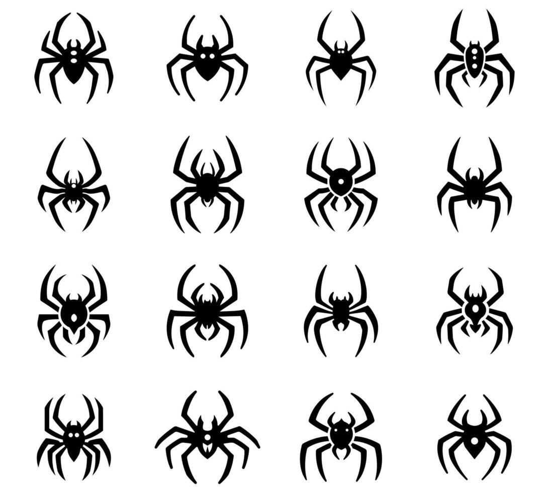 Spider icon line set. Cartoon scary tarantula collection and top view insect. Black element horror decoration and silhouette spidery illustration vector
