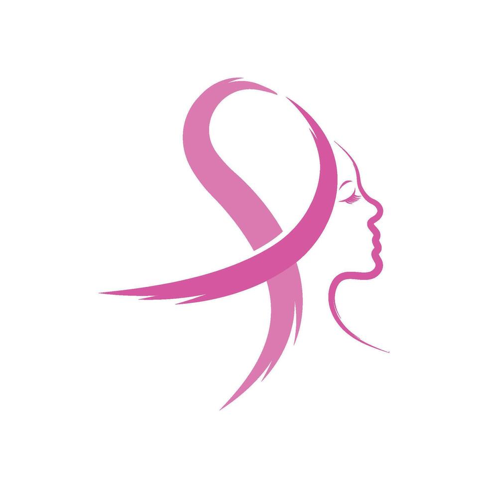 Pink ribbon design with woman face. Breast cancer flat logo awareness month. vector