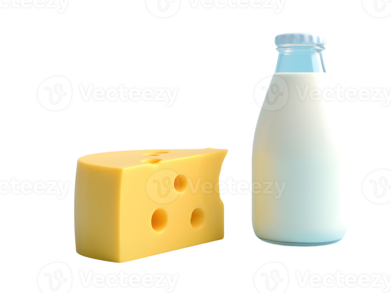 isolated realistic 3d cheese and a bottle milk png