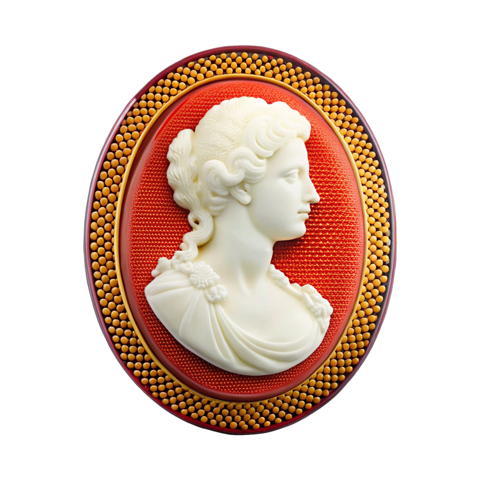 A red and white cameo brooch with a woman's head png