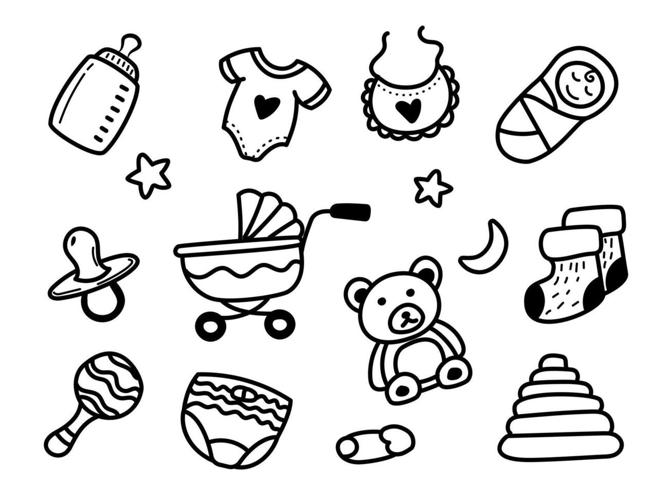 Set of newborn doodle illustration with black and white design. Hand-drawn baby elements vector
