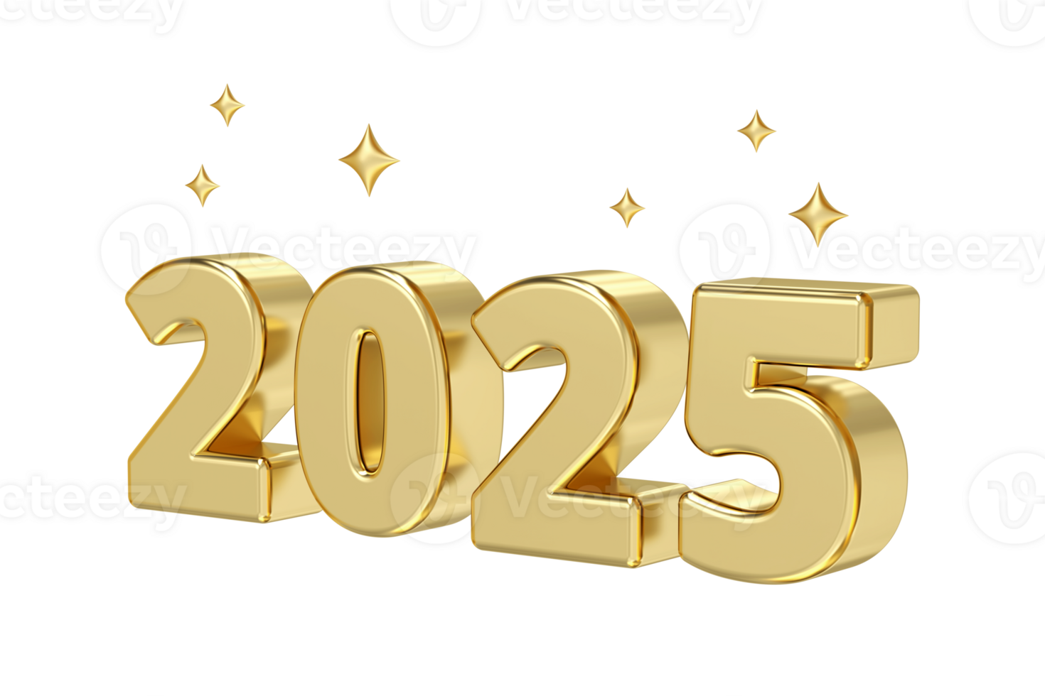 Isometric view of golden 2025 text with sparkling stars, symbolizing bright and prosperous new year, idea for New Year celebration themes, 3d rendering png