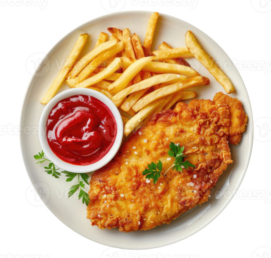 French fries and chicken schnitzel with sauce isolated on transparent background png