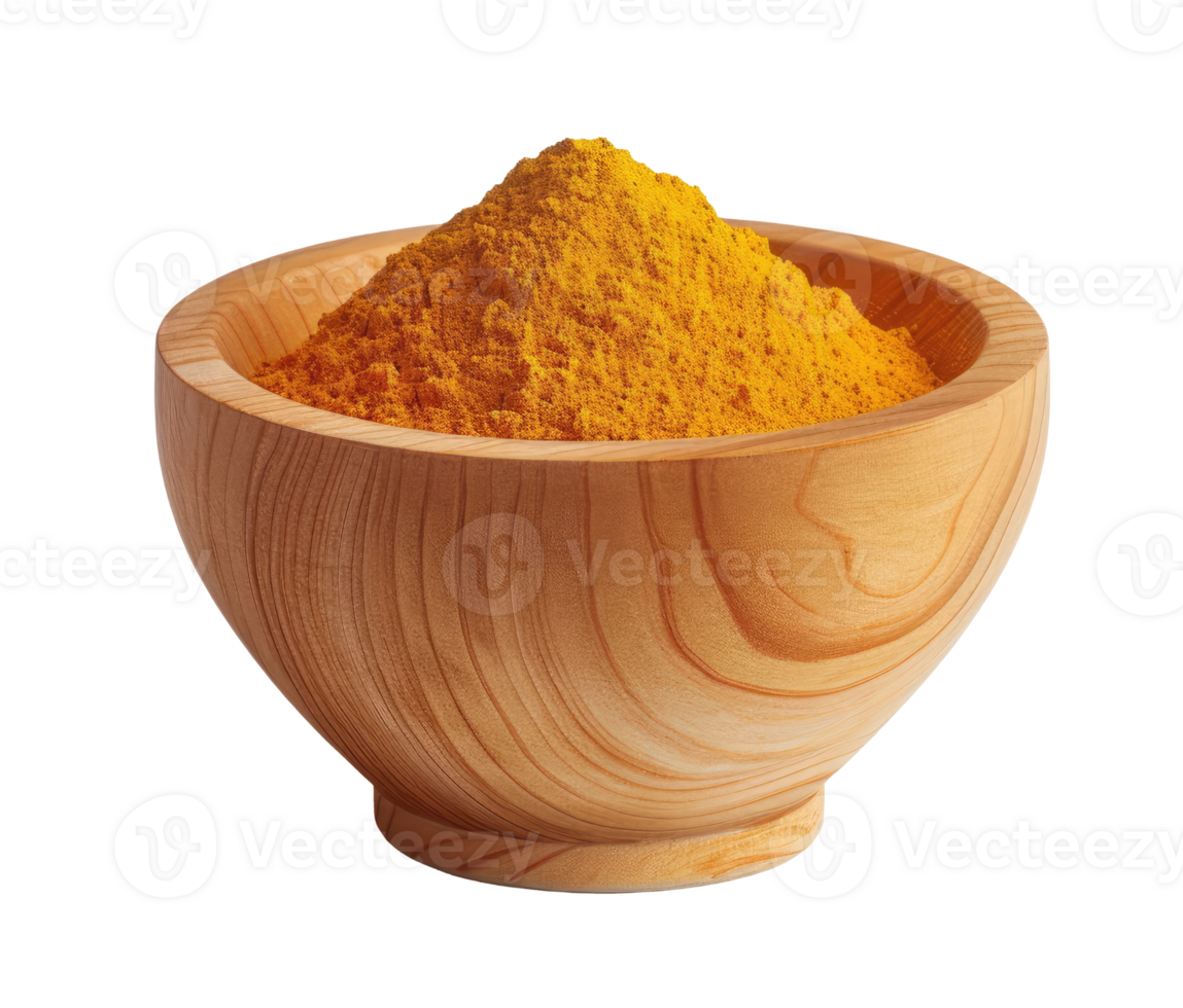 Wooden bowl with turmeric isolated on transparent background png