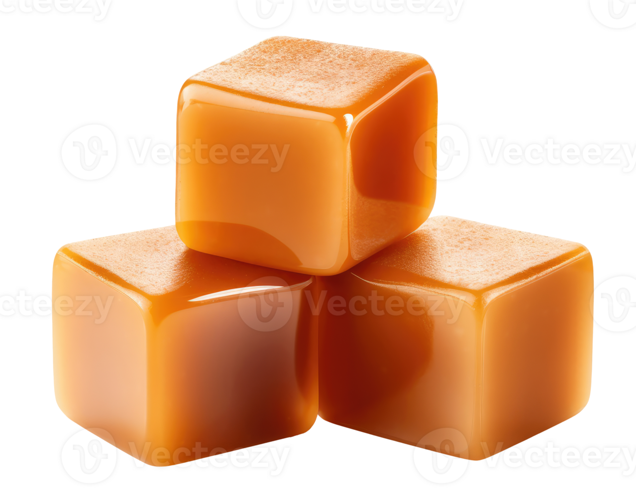 Three caramel cubes isolated on transparent background png