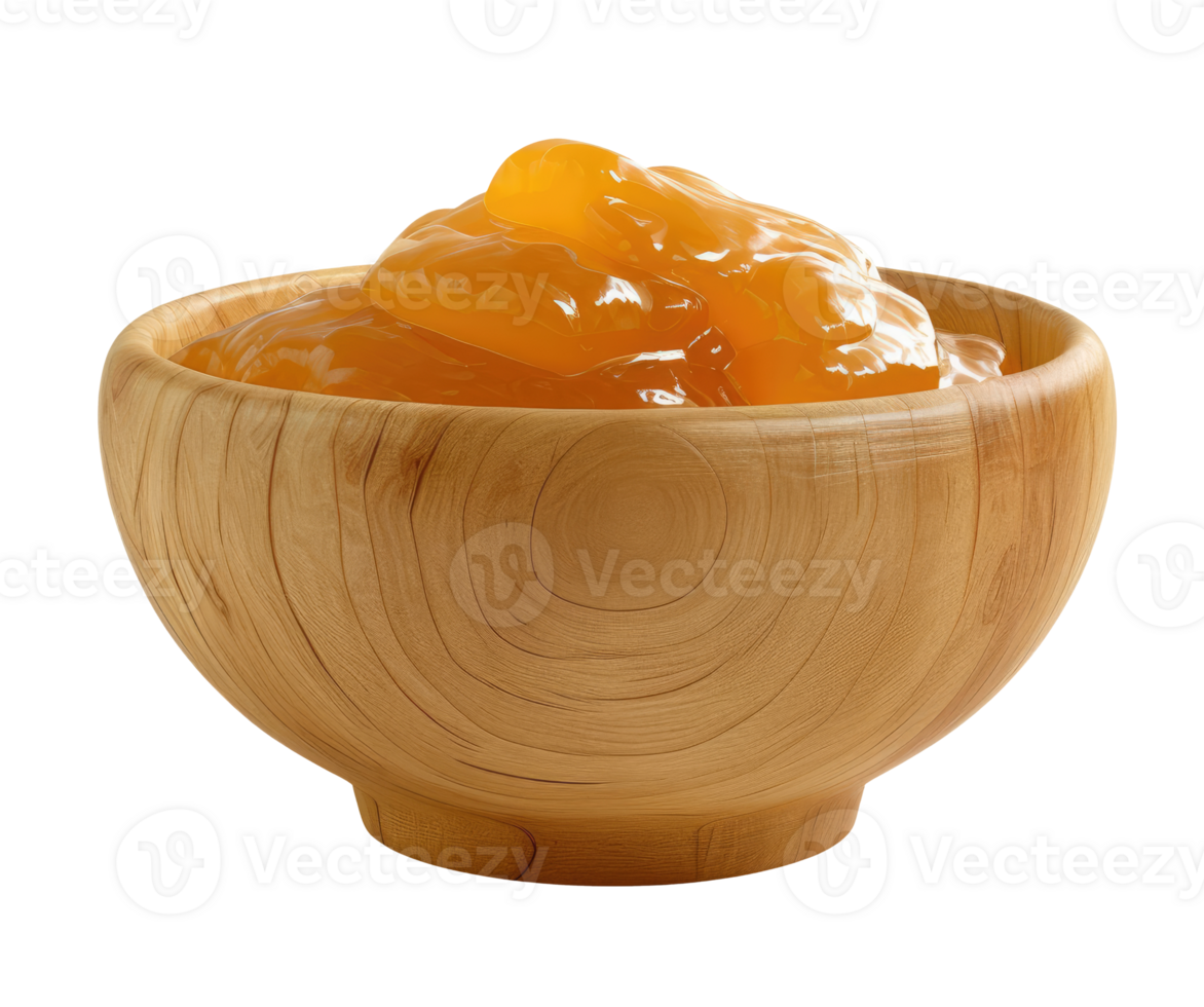Wood bowl with peach jam isolated on transparent background png