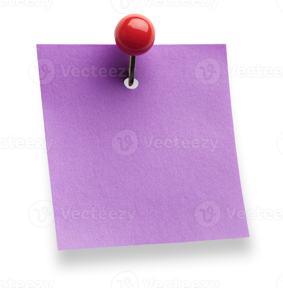 Purple paper note with red push pin isolated on transparent background png