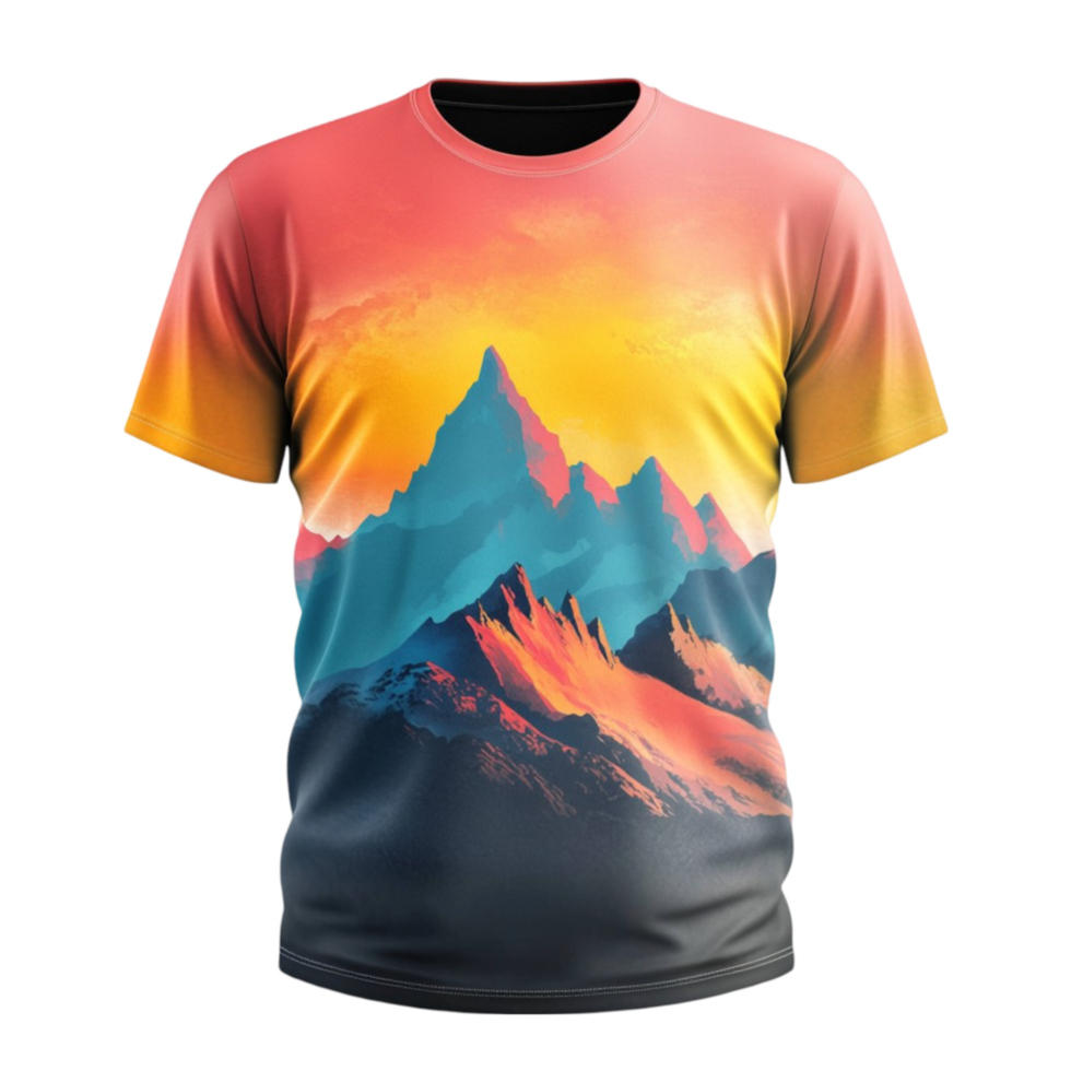 Surreal Graphic T-Shirt with Stylized Mountain Landscape and Sunset Gradient png