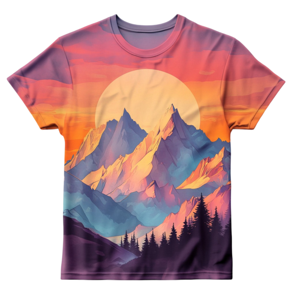 Vibrant Landscape Print T-Shirt with Mountains, Trees, and Sun or Moon png