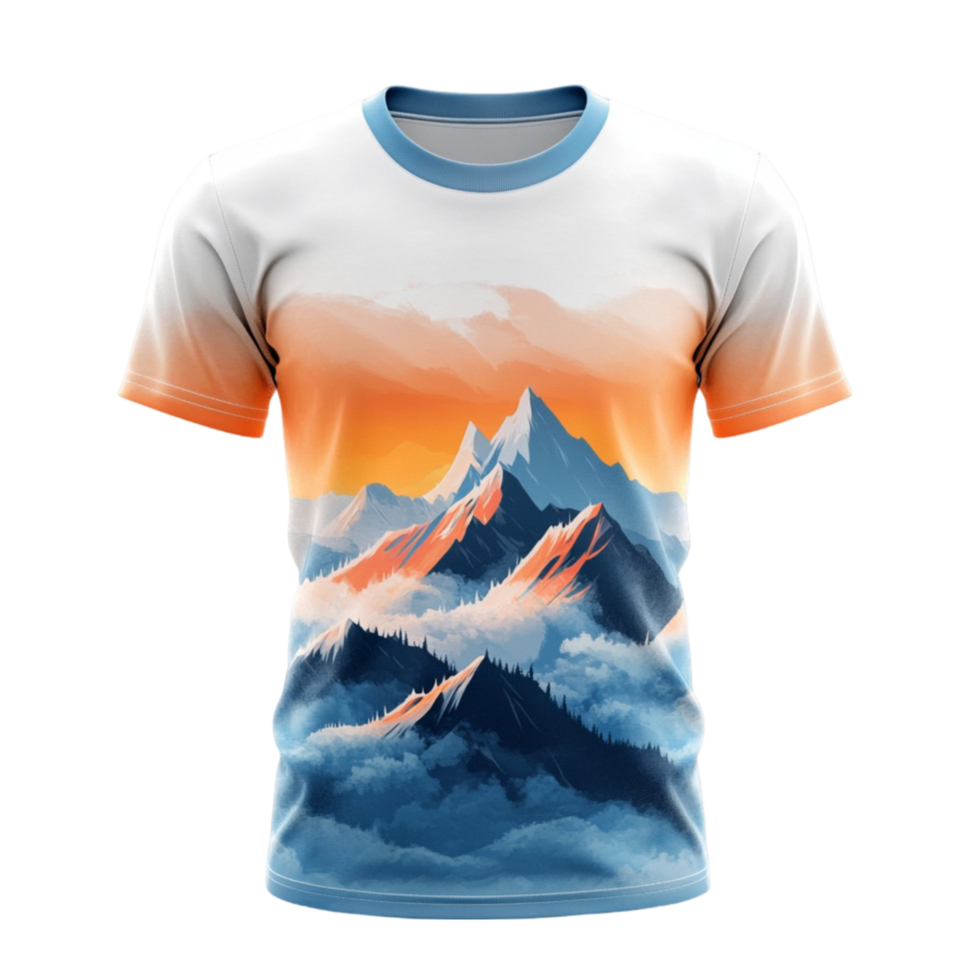 White T-Shirt with Colorful Mountain and Sky Graphic png