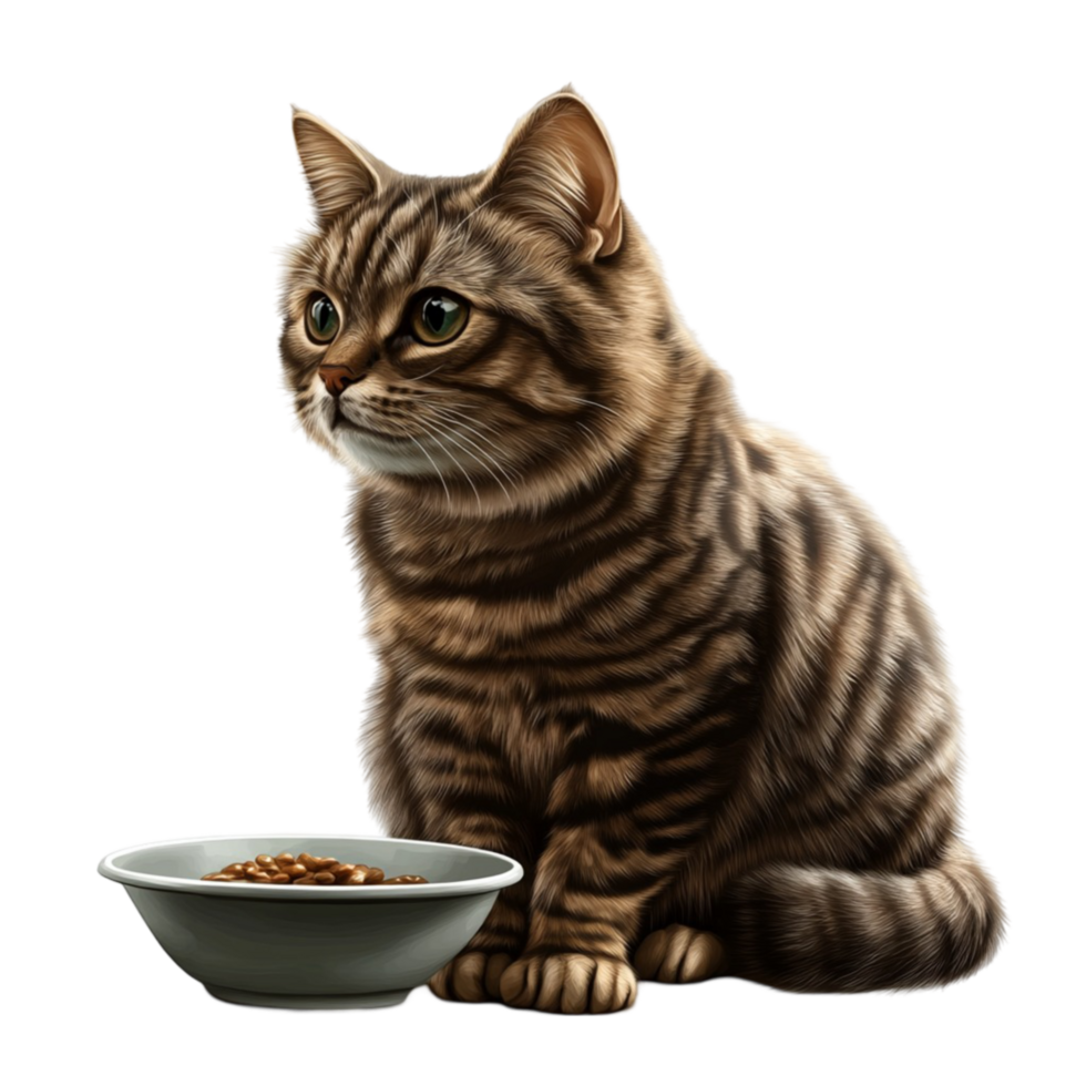 Tabby Cat Sitting Beside a Bowl of Food, Looking to the Side png