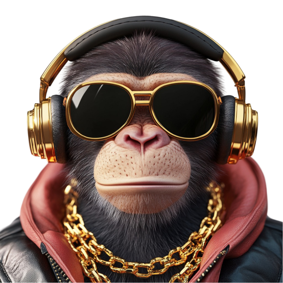 Stylish Monkey Wearing Gold Headphones, Sunglasses, Red Jacket, and Gold Chain png