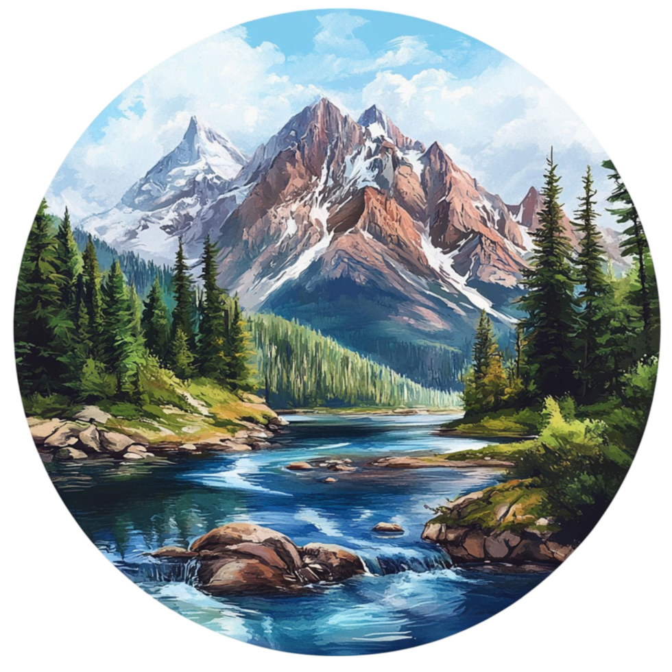 Circular Illustration of Snow-Capped Mountains, Flowing River, and Evergreen Trees png