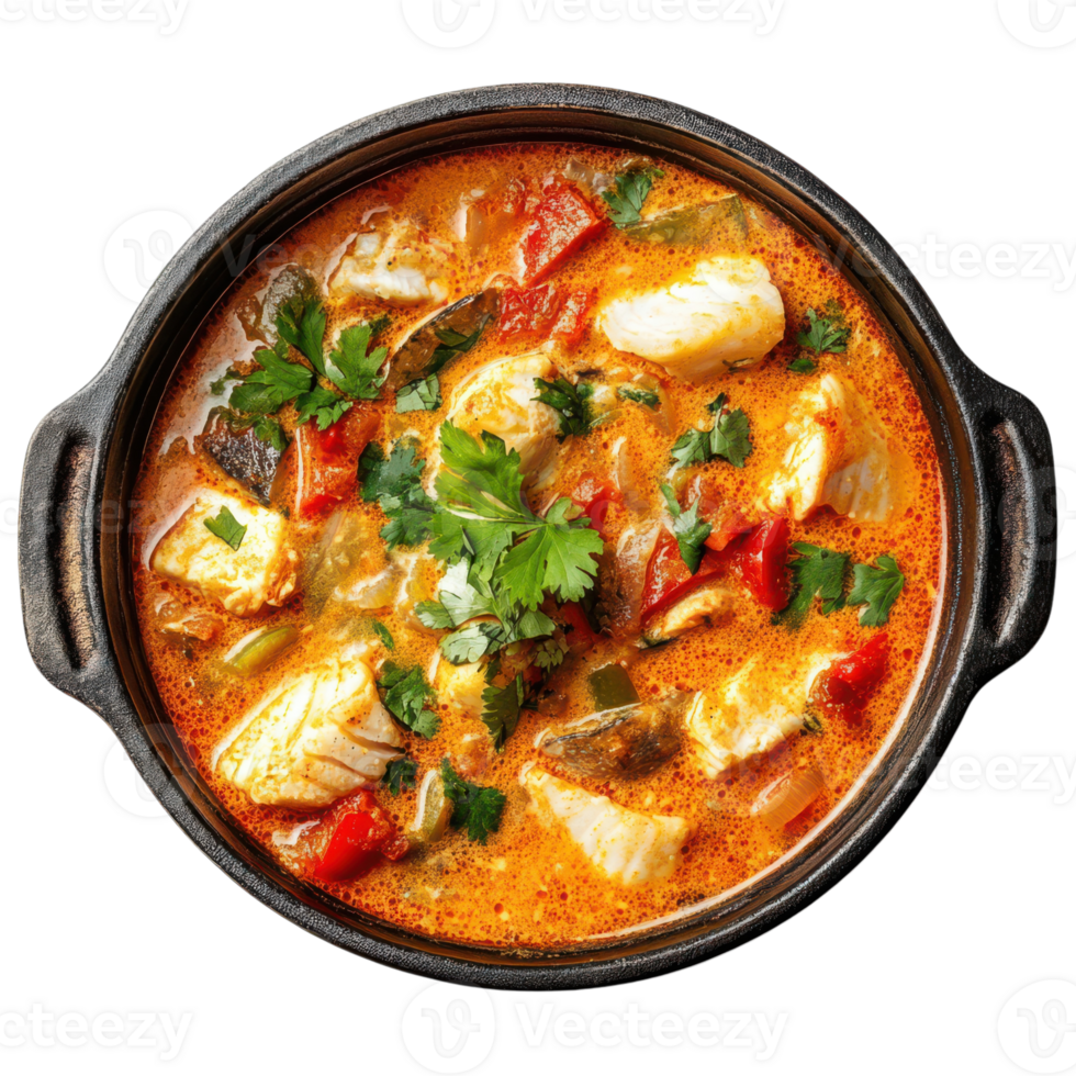 A bowl of fish curry with vegetables and herbs png