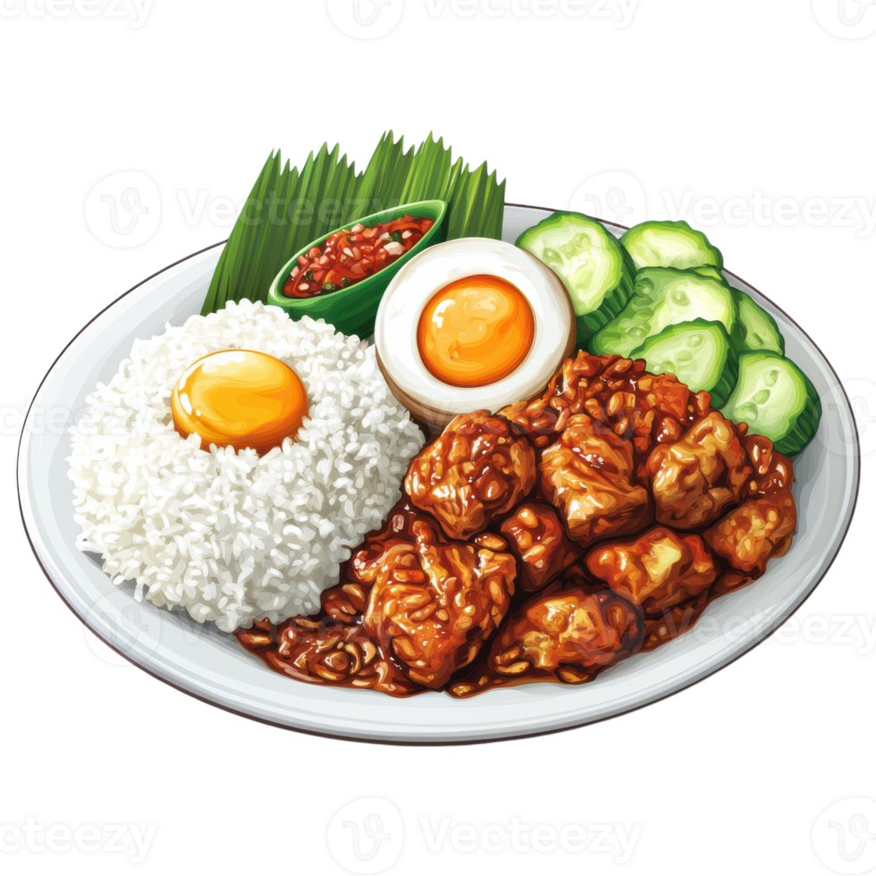 A plate with rice, eggs and chicken png