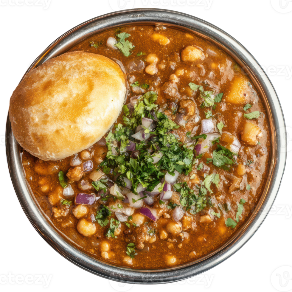 A bowl of stew with bread and vegetables png