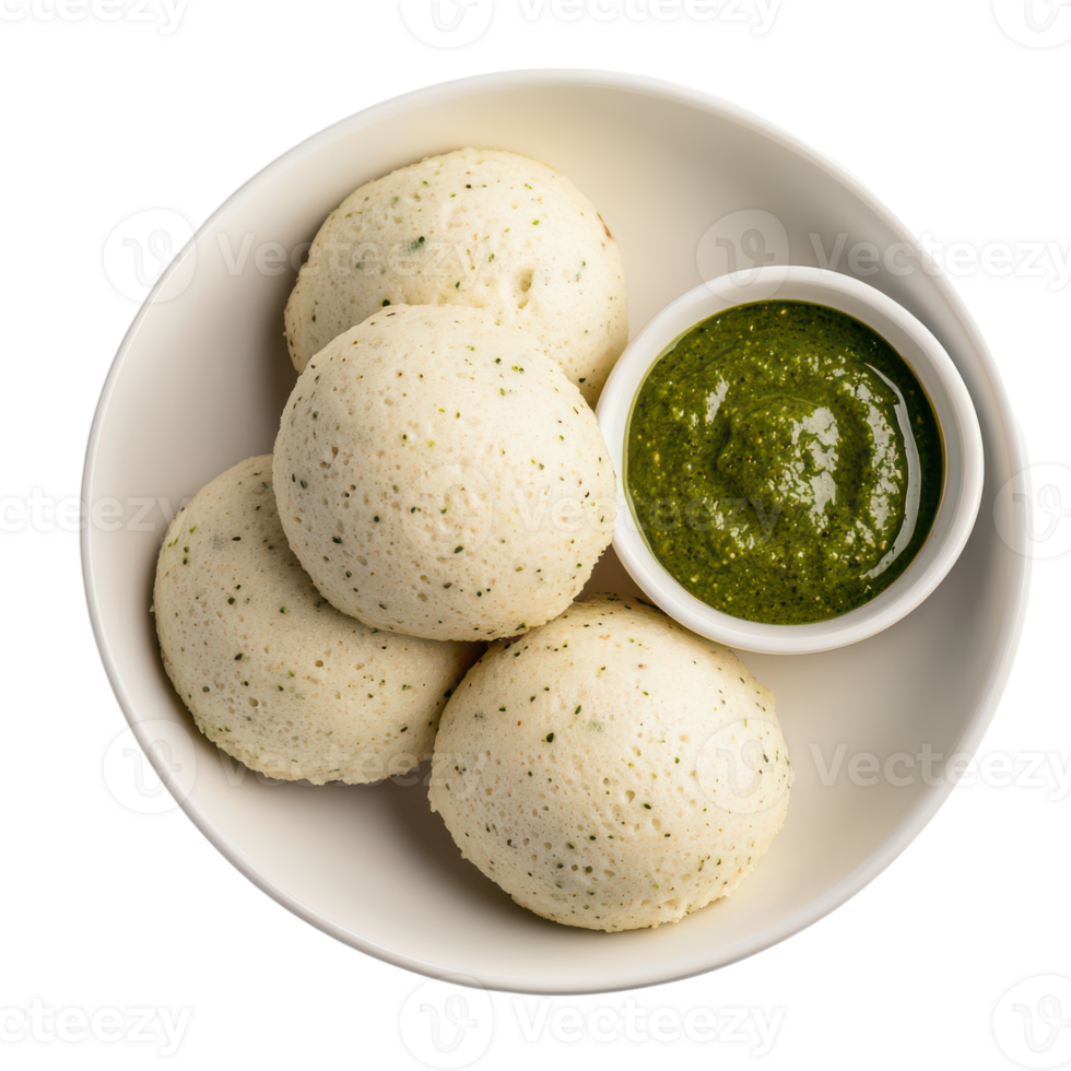 A bowl of dumplings with a green sauce png