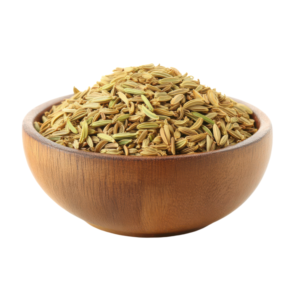 Fennel seeds in a wooden bowl png