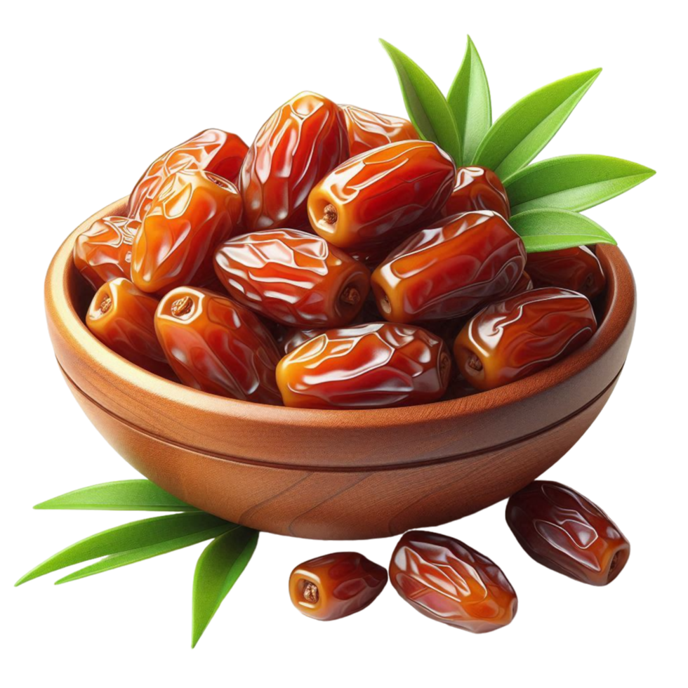 dates in a bowl with green leaves on transparent background png