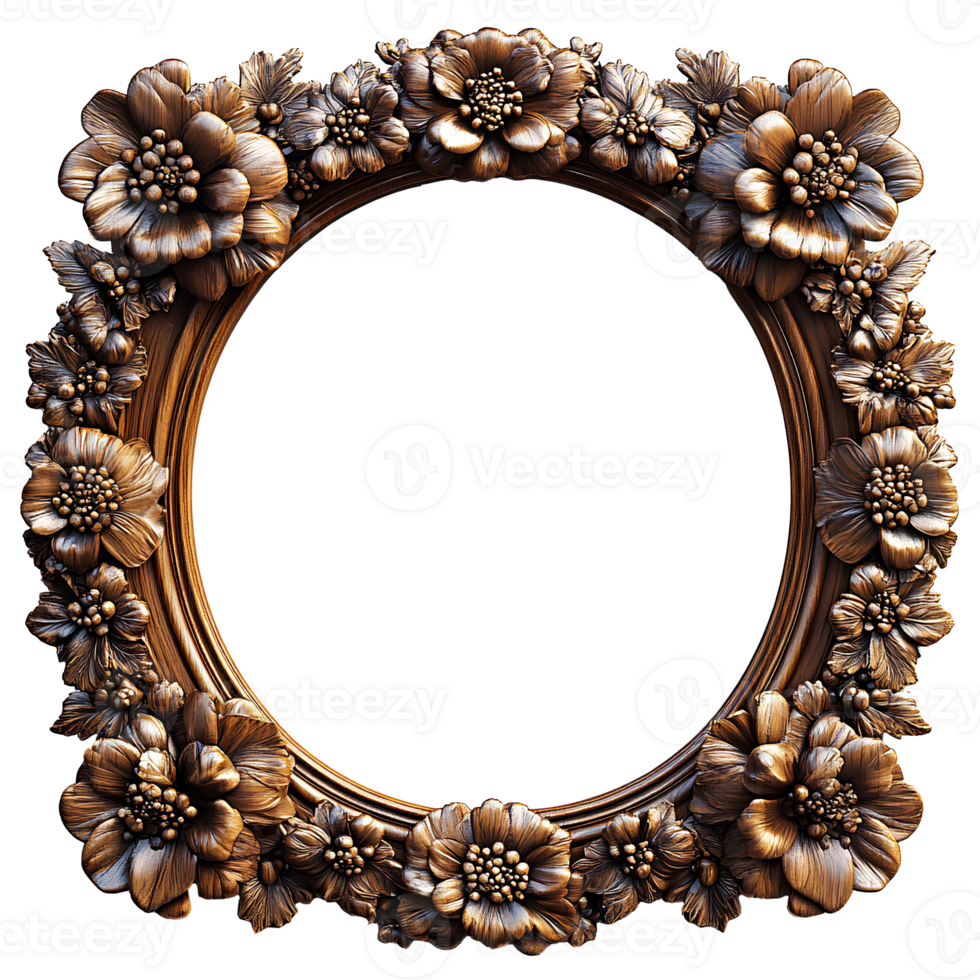 wooden frame . exquisite wooden frame with intricate detailing full of cones and flowers for picture placement . wooden border frame top view flat lay isolated. picture frame with empty center png