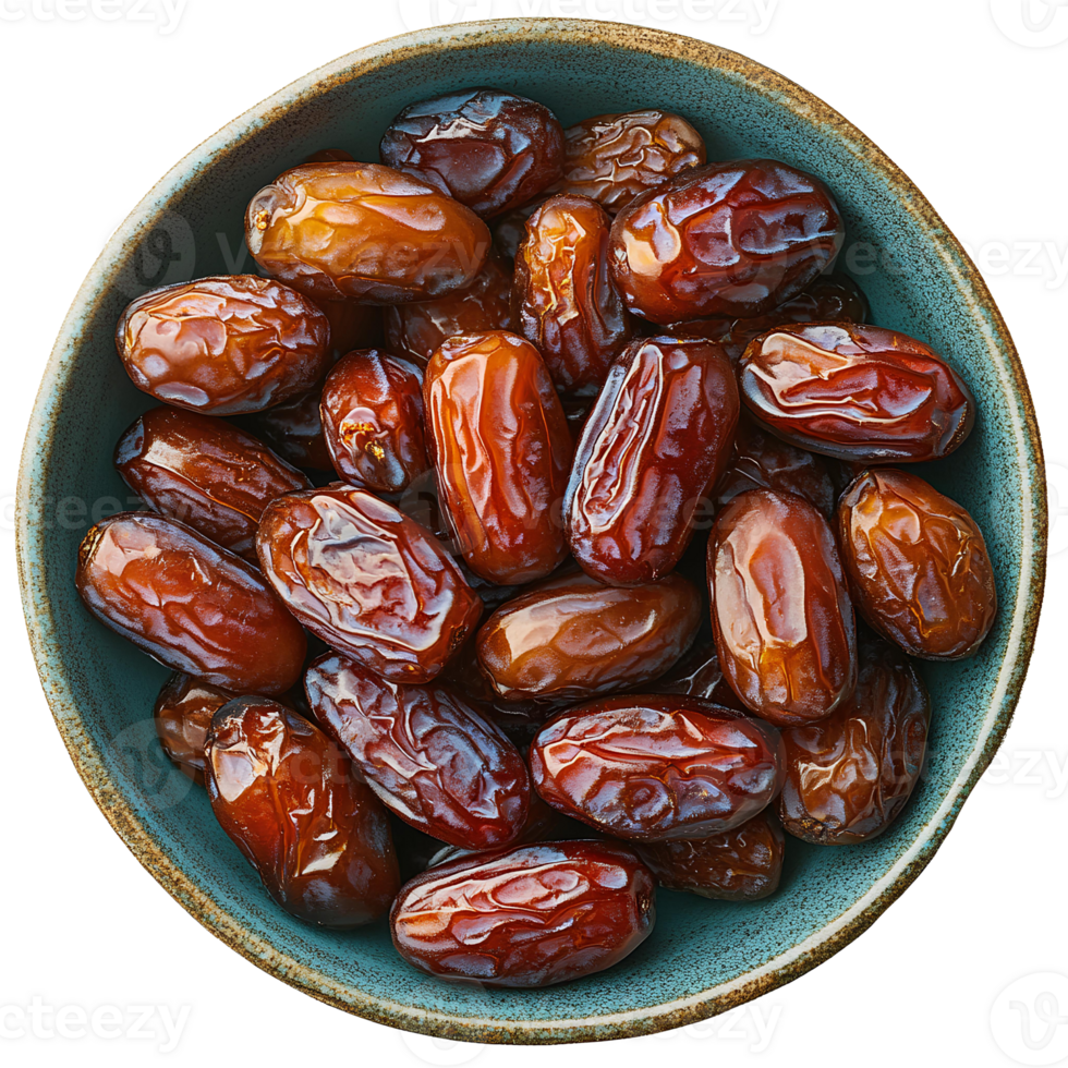 Dates in bowl . Bowl full of dates top view . bowl with date fruit flat lay isolated. organic, healthy, vegan, vegetarian dates full of vitamins isolated png