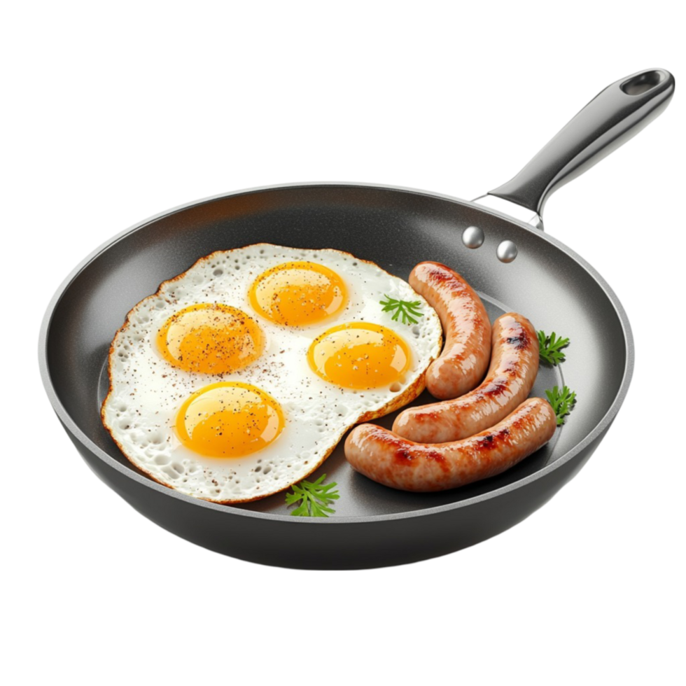 Classic breakfast fried eggs and sausages in a frying pan. png