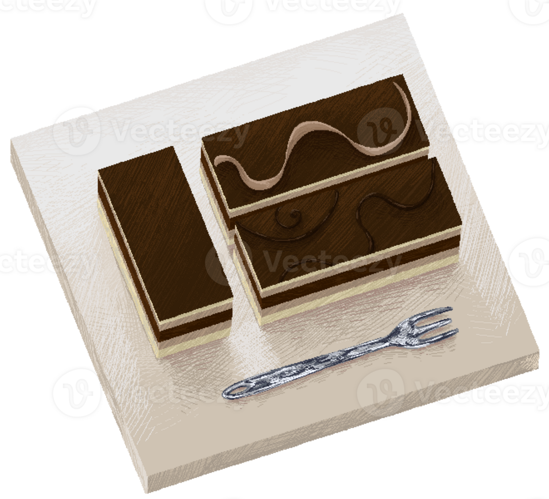Three pieces of opera cake and a fork placed on a white stone tray in pixel art style png