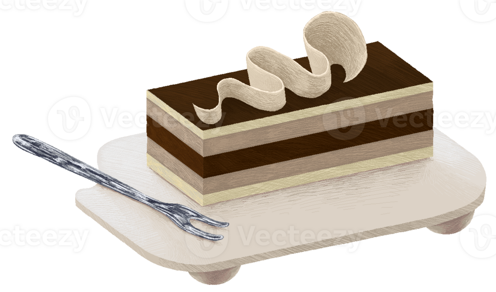 Opera cake with a fork placed on a white tray in pixel art style png