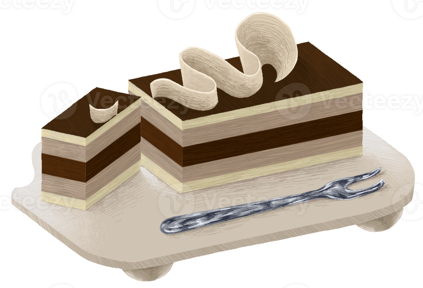 Sliced opera cake with a fork placed on a white tray in pixel art style png