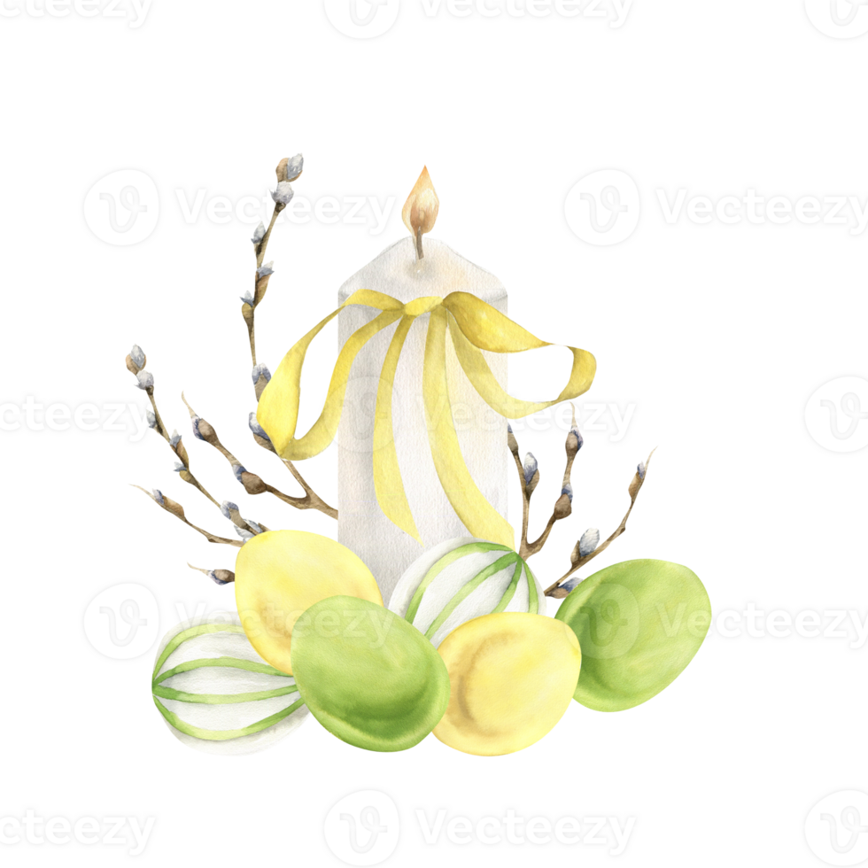 White candle with Easter colored eggs and willow branches decoration and yellow bow watercolor illustration. Springtime Happy Easter hunting party card, invitation design. Religious poster,label decor png