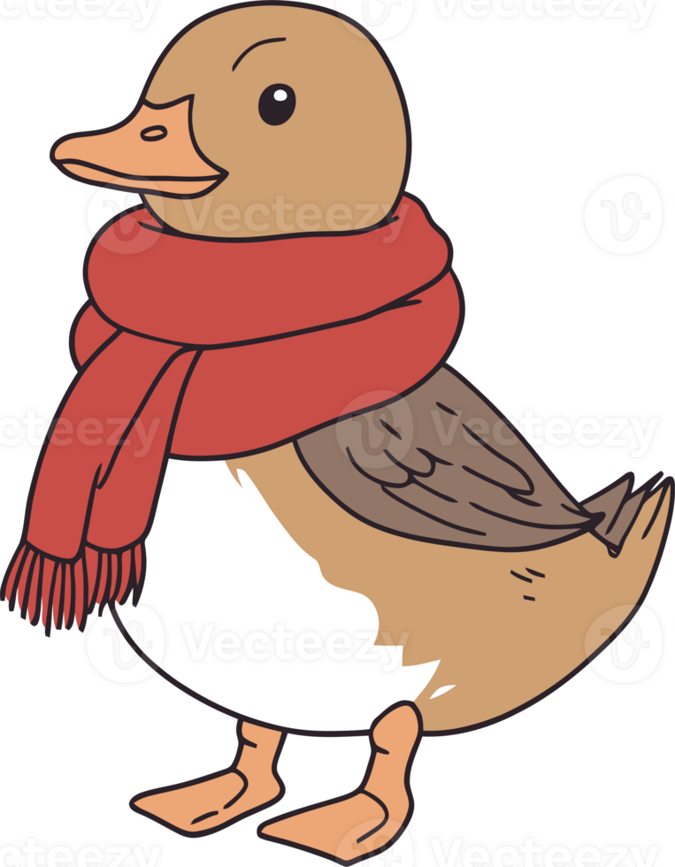 Cute Cartoon Duck with Red Scarf on White Background - Adorable Animal Illustration png