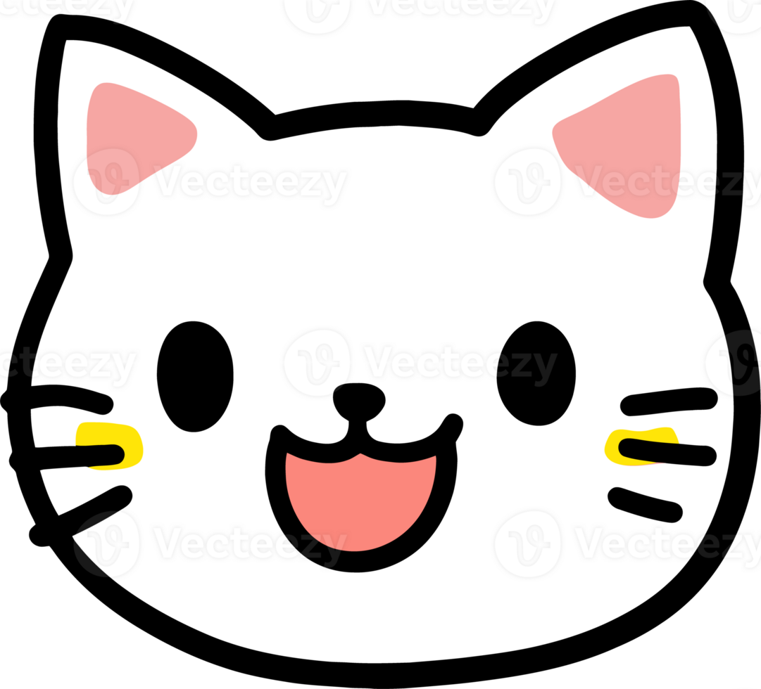 Cute Smiling Cat Face Icon with Pink Ears and Whiskers png