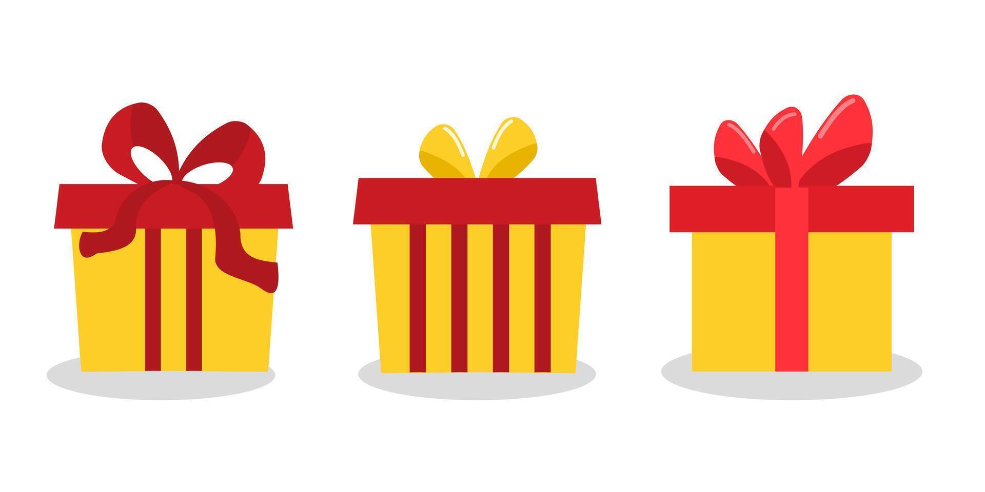 Three gift boxes with red and yellow ribbons vector