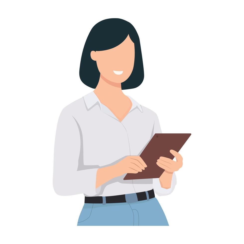 Illustration of young asian woman company worker smiling and holding digital tablet standing. vector