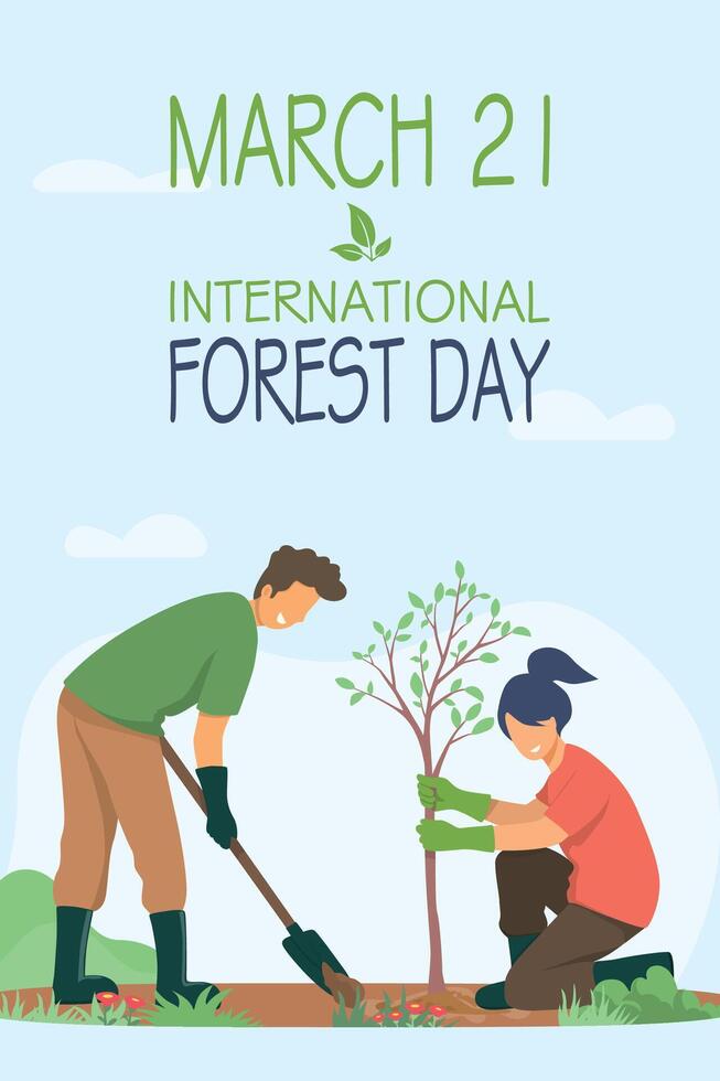 International Forest Day greeting card, banner or social poster. People plant and tend trees. vector