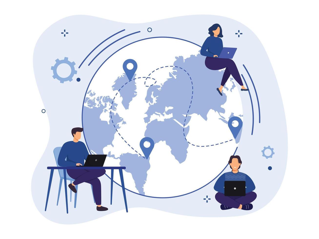 Work outsourcing and telecommuting concept. Business process outsourcing, outplacement, offshore software, freelance job, and recruitment company. vector