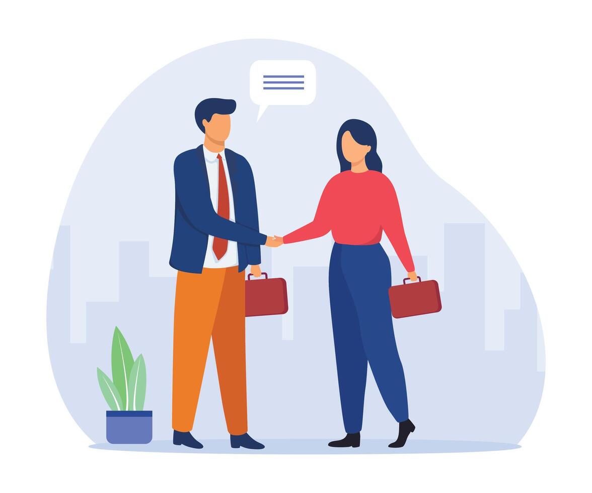 Man and woman shaking hand. Business partners saying hello or closing deal. Hiring and cooperation concept. vector