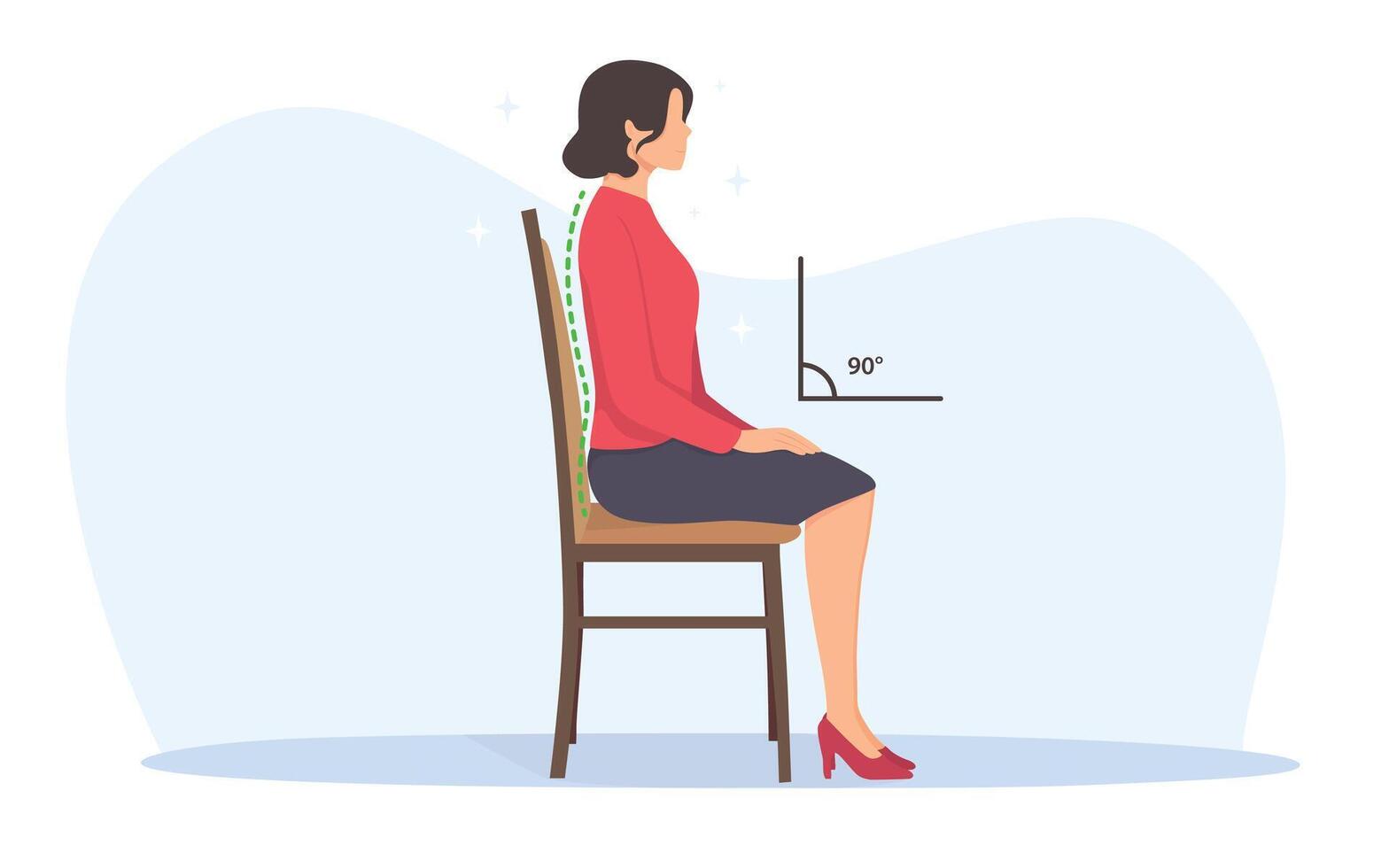 Young woman sit on chair in correct position. Correct sitting position. Medical infographics with spine sitting correctly on a chair. vector