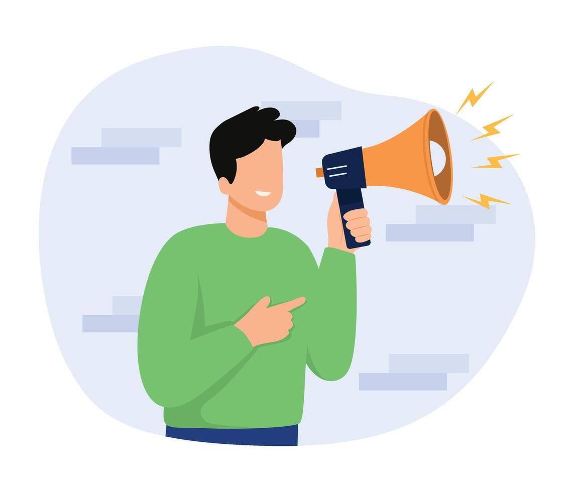 Young man holding megaphone and speaking concept illustration. Advertising through speakers. vector